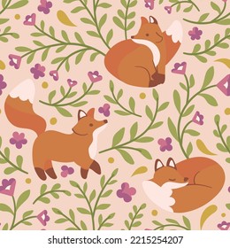 Cute vector seamless pattern with fox animal and floral elements. Cartoon beautiful background.