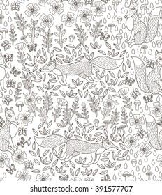 cute vector seamless pattern with foxes, flowers, leaves, drops, butterflies and mushrooms. adult coloring page.