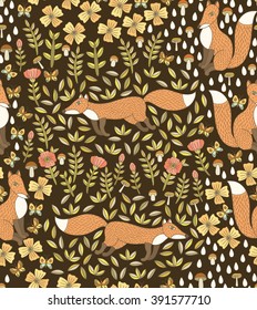cute vector seamless pattern with foxes, flowers, leaves, drops, butterflies and mushrooms.