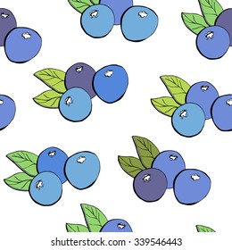 Cute vector seamless pattern with fresh sweet blueberries. Colorful doodle elements on white background.