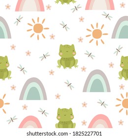 cute vector seamless pattern with frog and rainbow