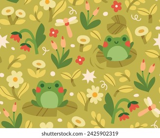 Cute vector seamless pattern with frogs and floral elements. Cartoon beautiful background.