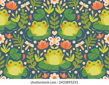 Cute vector seamless pattern with frogs and floral elements. Cartoon beautiful background.