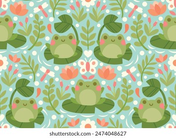 Cute vector seamless pattern with frogs and floral elements. Cartoon beautiful background.