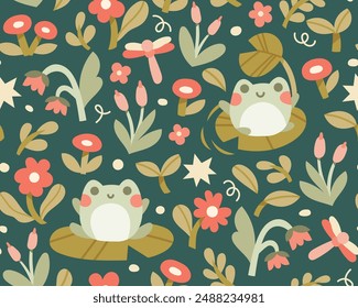 Cute vector seamless pattern with frogs and floral elements. Cartoon beautiful background.