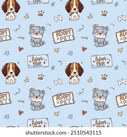 cute vector seamless pattern with fun dogs. adopt a dogs. colorful illustration.