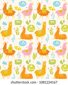 Cute vector seamless pattern with funny cartoon  lamas and cactus. Latin America seamless pattern. 