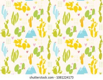 Cute vector seamless pattern with funny cartoon cactus and plants. Latin America seamless pattern. 