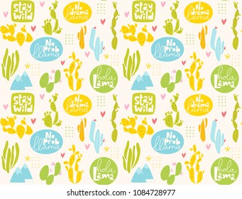 Cute vector seamless pattern with funny cartoon cactus. Latin America seamless pattern with funny lettering. 
