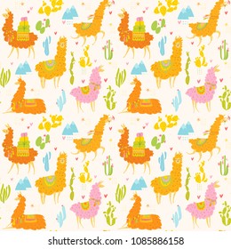 Cute vector seamless pattern with funny cartoon  lamas and cactus. Latin America seamless pattern. 