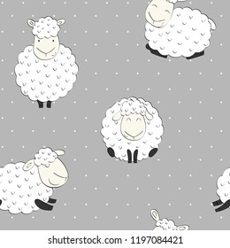 Cute vector seamless pattern with funny sheeps. Background for fabric, paper, wallpaper, wrapping and other.