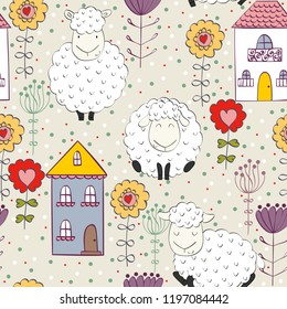 Cute vector seamless pattern with funny sheeps. Background for fabric, paper, wallpaper, wrapping and other.