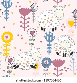Cute vector seamless pattern with funny sheeps. Background for fabric, paper, wallpaper, wrapping and other.