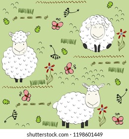 Cute vector seamless pattern with funny sheeps. Background for fabric, paper, wallpaper, wrapping and other.