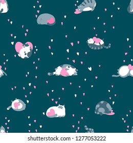 Cute vector seamless pattern with funny cats in various poses. Love animals for Valentine's Day. Hearts