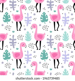 cute vector seamless pattern, funny flamingo and leaves, seamless repeat for kids