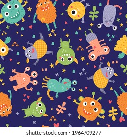 cute vector seamless pattern, funny monsters on dark blue background, repeat tile for kids apparel, textiles and other children related products
