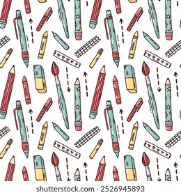 cute vector seamless pattern with funny school elements