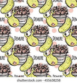 Cute vector seamless pattern with funny monster named Demure and inscription: Demure. Fine background in children's, cartoon style.