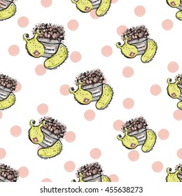 Cute vector seamless pattern with funny monster named Demure. Fine background in children's, cartoon style.