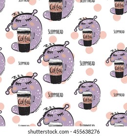 Cute vector seamless pattern with funny monster named Sleepyhead and inscription: Sleepyhead. Fine background in children's, cartoon style.