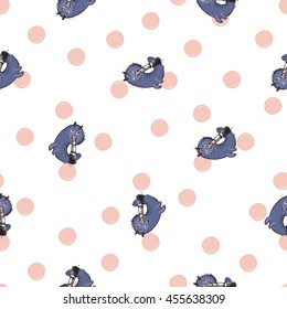 Cute vector seamless pattern with funny monster named Beauty. Fine background in children's, cartoon style.
