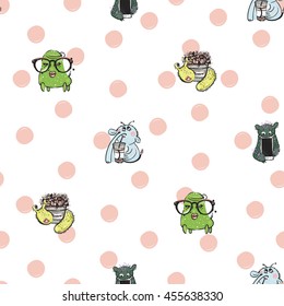 Cute vector seamless pattern with funny monster named Nibbler, Demure, Nosed, Smarty. Fine background in children's, cartoon style.