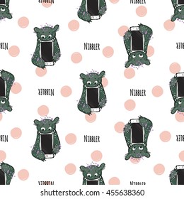 Cute vector seamless pattern with funny monster named Nibbler and inscription: Nibbler. Fine background in children's, cartoon style.