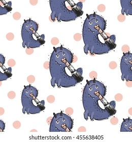 Cute vector seamless pattern with funny monster named Beauty. Fine background in children's, cartoon style.