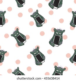 Cute vector seamless pattern with funny monster named Nibbler. Fine background in children's, cartoon style.