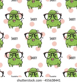 Cute vector seamless pattern with funny monster named Smarty and inscription: Smarty. Fine background in children's, cartoon style.