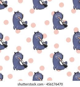 Cute vector seamless pattern with funny monster named Beauty. Fine background in children's, cartoon style.