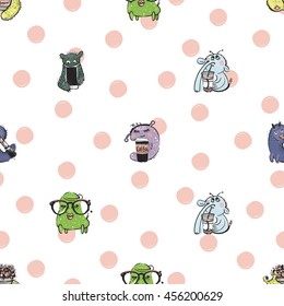 Cute vector seamless pattern with funny monster named Nibbler, Demure, Sleepyhead, Nosed, Beauty, Smarty. Fine background in children's, cartoon style.