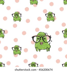 Cute vector seamless pattern with funny monster named Smarty. Fine background in children's, cartoon style.
