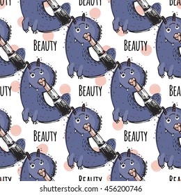 Cute vector seamless pattern with funny monster named Beauty and inscription: Beauty. Fine background in children's, cartoon style.