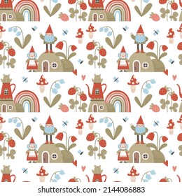 Cute vector seamless pattern with garden gnomes, rainbows, flowers and fly agarics. Cute and funny cartoon characters magical garden houses. Kids illustration for nursery decor, cloth, textile.