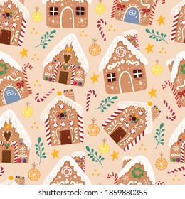 Cute Vector Seamless Pattern Of Gingerbread House,sweet Christmas Traditional Cookie In Hand Drawn Style. 