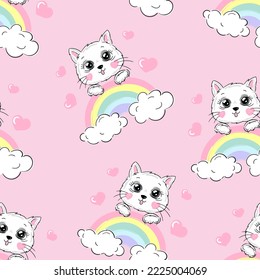 cute vector seamless pattern for girl with cats on rainbow pink background, childish ornament. Pattern for printing on fabric, clothing, wrapping paper, wallpaper for a kid room, baby things