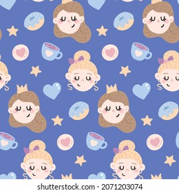 cute vector seamless pattern with girly faces, hearts, donuts, stars and cups of tea and coffee, princesses. cartoon background. children's print.