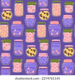 Cute vector seamless pattern with glass jars of berry jam, marmalade and jelly on a lilac background