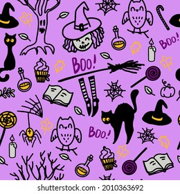 Cute vector seamless pattern for Halloween holiday. Doodle funny witches, cats and potions on a purple background.