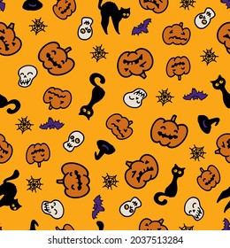 Cute vector seamless pattern for Halloween holiday. Doodle funny pumpkins, shards of cats and spider webs.
