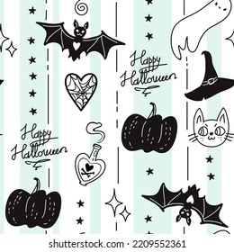 cute vector seamless pattern with halloween themed stripes and doodles