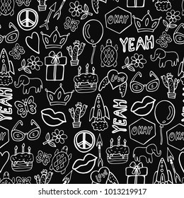 Cute vector seamless pattern with hand drawn doodle icons. Rocket, arrow, cake, balloon, present box, elephant, peace sign, butterfly, flower, mouth, crown, sunglasses, cactus, turtle.