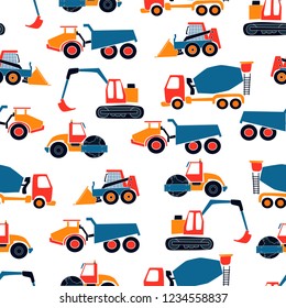 Cute vector seamless pattern with hand drawn  construction objects: bulldozer, excavator, crane, tractor, loader. Doodle illustration. Child print.