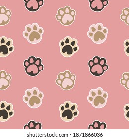 Cute Vector Seamless Pattern With Hand Drawn Cat Paw Prints On Pink Background