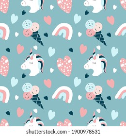 cute vector seamless pattern with hand drawn unicorns, rainbows, ice-cream and hearts on a blue background. childish flat illustration for printing on fabric, clothing, wrapping paper