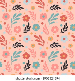 cute vector seamless pattern with hand drawn floral ornament on a pink background. patern for printing on clothing, fabric, wrapping paper, flower background, wallpaper