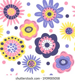 cute vector seamless pattern with hand drawn primitive naive flowers on white background in folk style, boho style. pattern for printing on fabric, clothing, wrapping paper. floral background