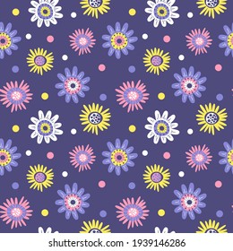 cute vector seamless pattern with hand drawn primitive naive flowers in purple, lilac colors in folk style, boho style. pattern for printing on fabric, clothing, wrapping paper. floral background